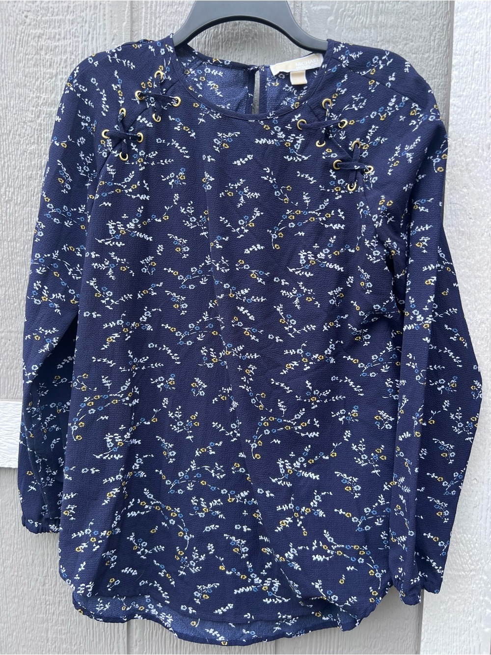 Michael Kors Navy Floral Lace-Up Long-Sleeve Blouse